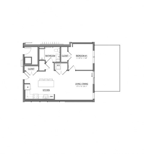Floor plan for 1 bed, 1 bath, 750 sqft